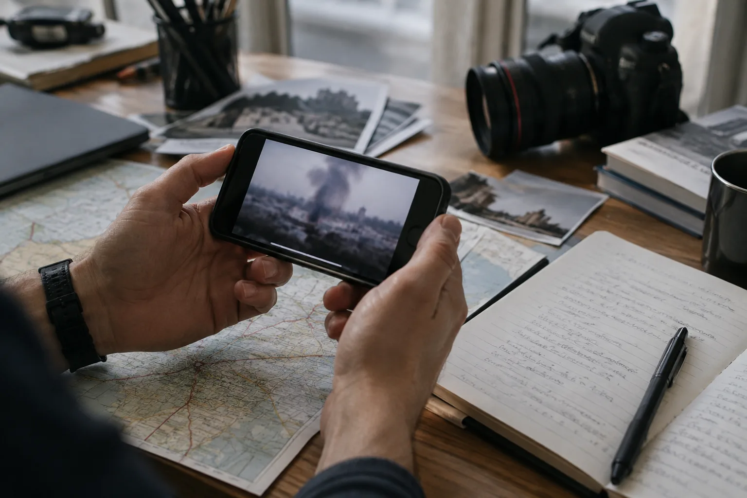 Des mains examinent une vidéo sur un téléphone à côté d’une carte et de notes.
