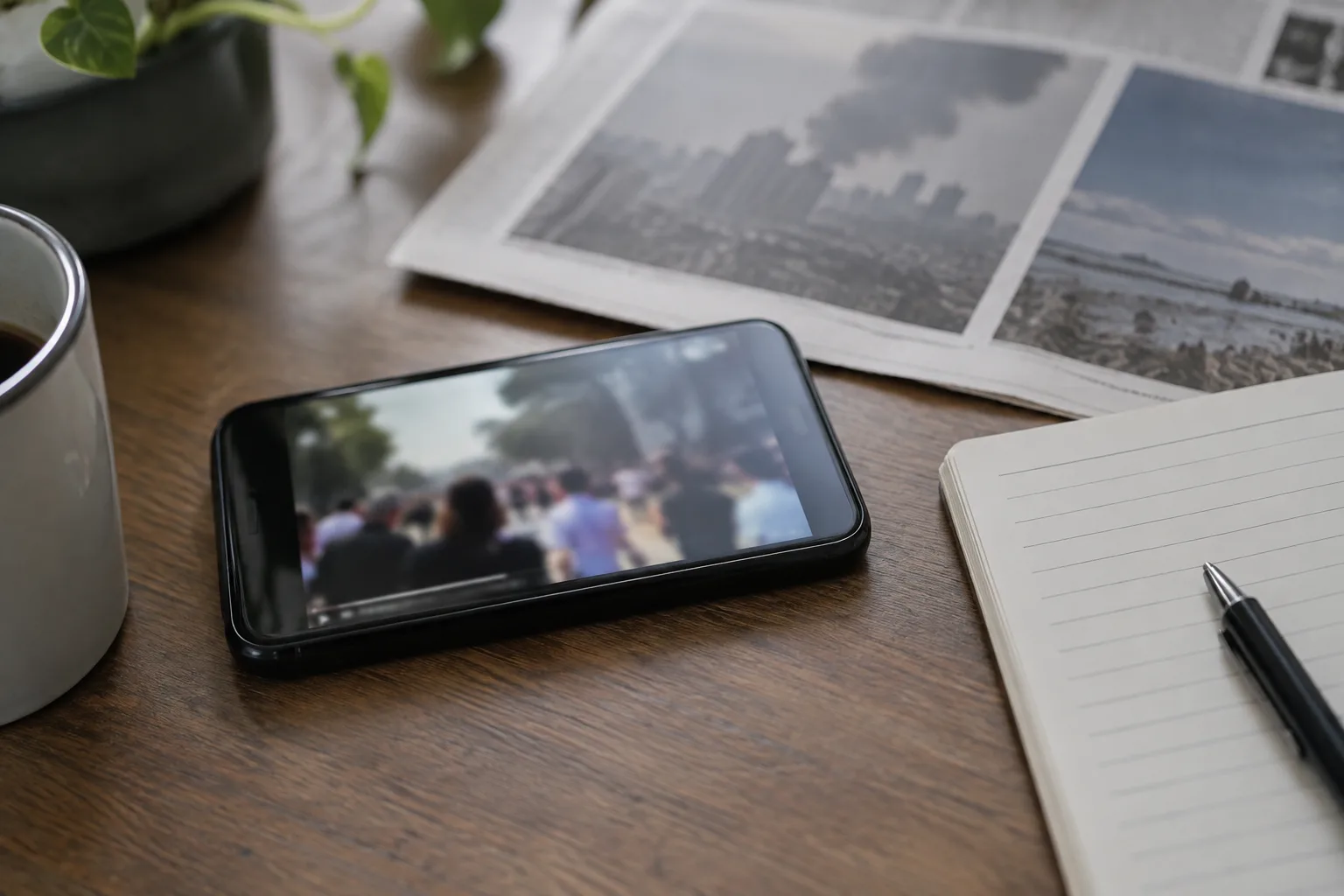 Un téléphone et des notes posés sur un bureau évoquent la vérification d’une vidéo.