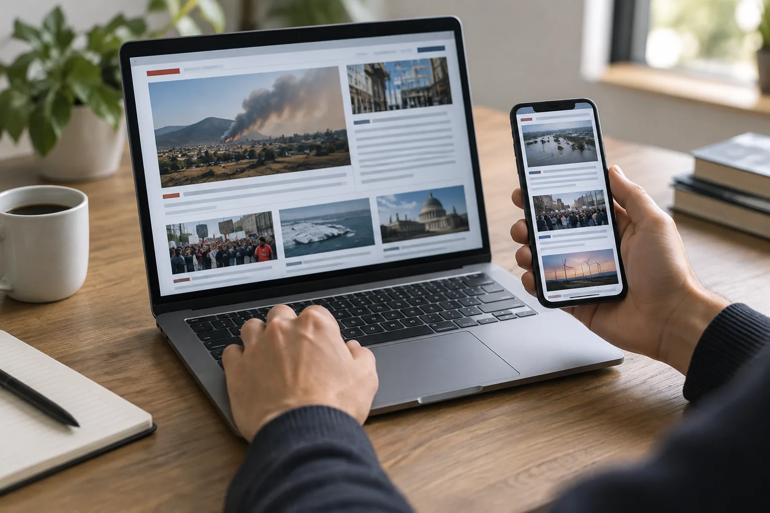 Une personne compare des pages d’information sur un ordinateur et un téléphone.