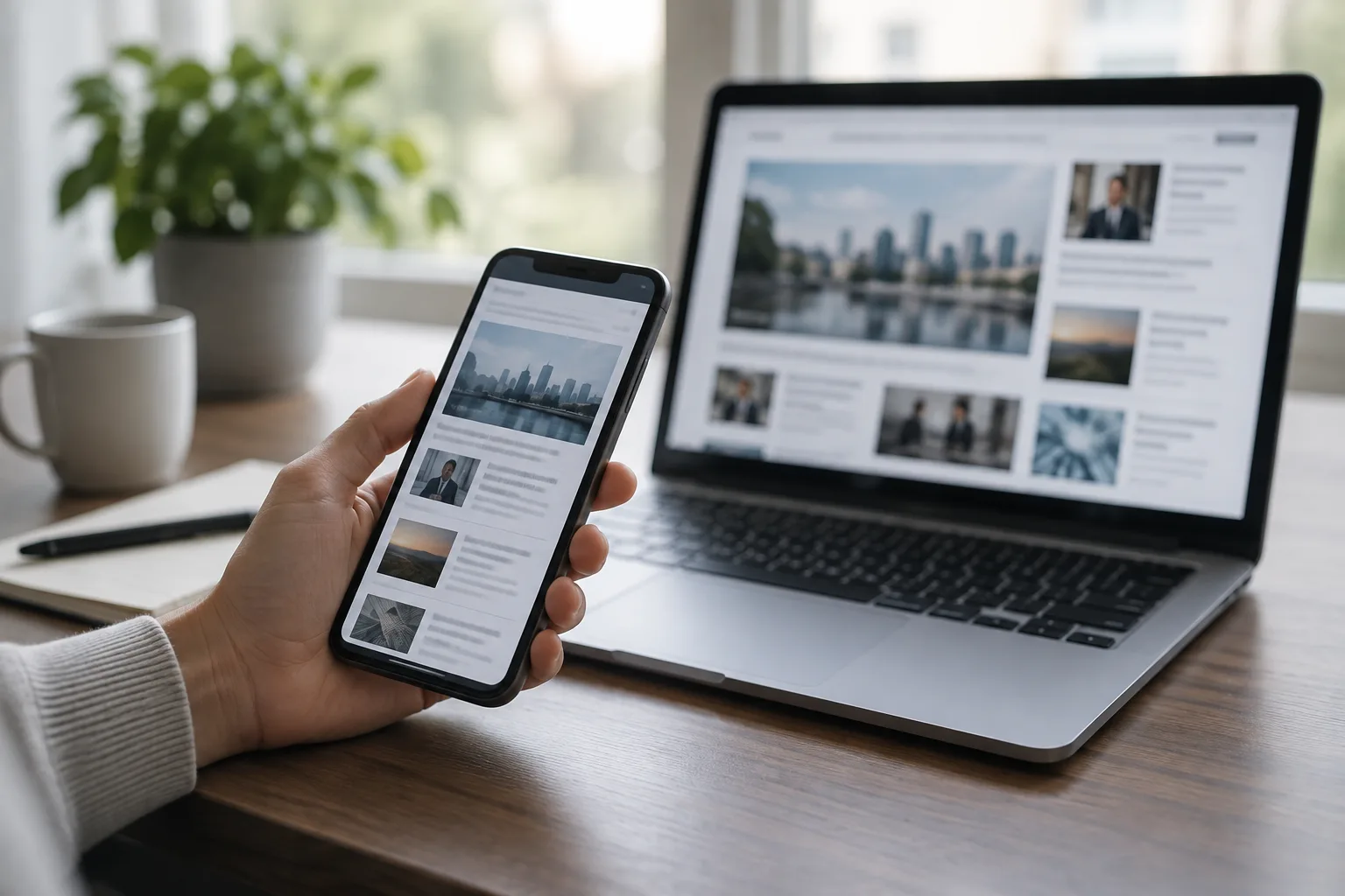 Un téléphone et un ordinateur affichent des pages d’actualité consultées sur un bureau.