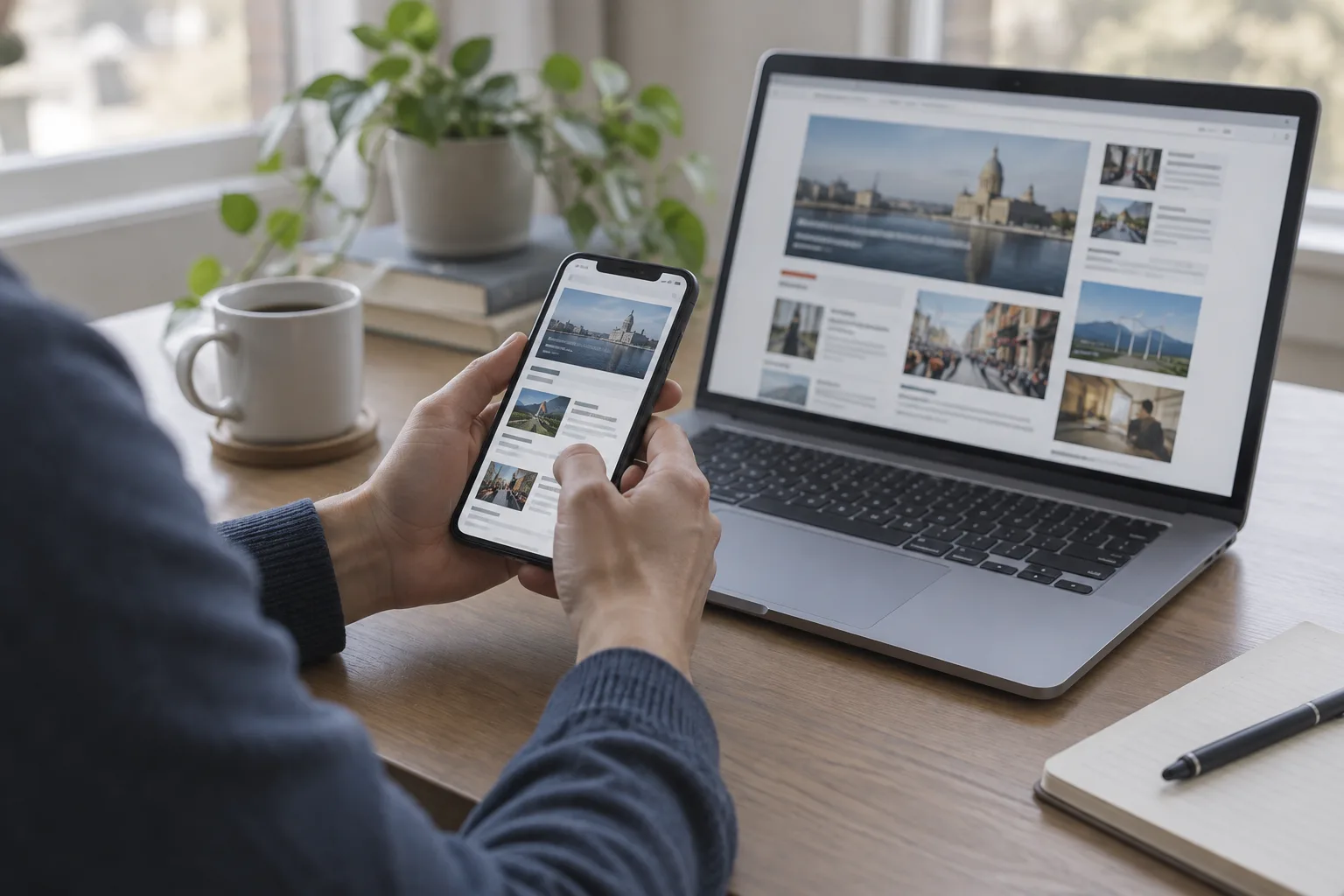 Un téléphone et un ordinateur ouverts sur des pages d’information, consultés côte à côte.