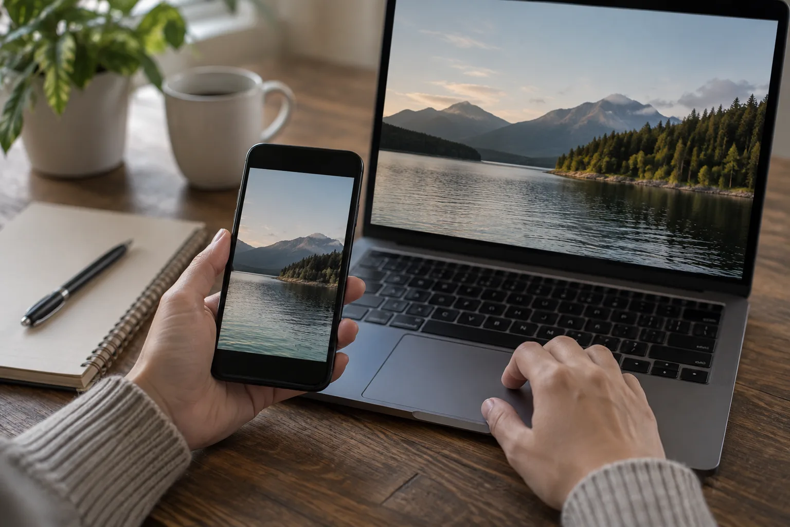 Une personne compare une image affichée sur un téléphone et un ordinateur portable.