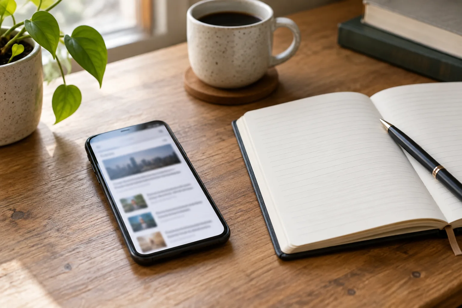 Un téléphone posé près d’un carnet ouvert sur un bureau, dans une lumière douce.