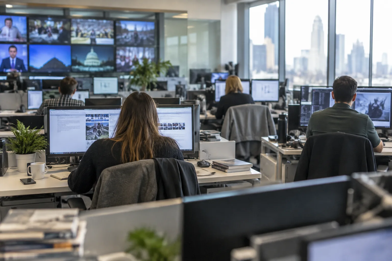 Des journalistes suivent l’actualité depuis une rédaction.