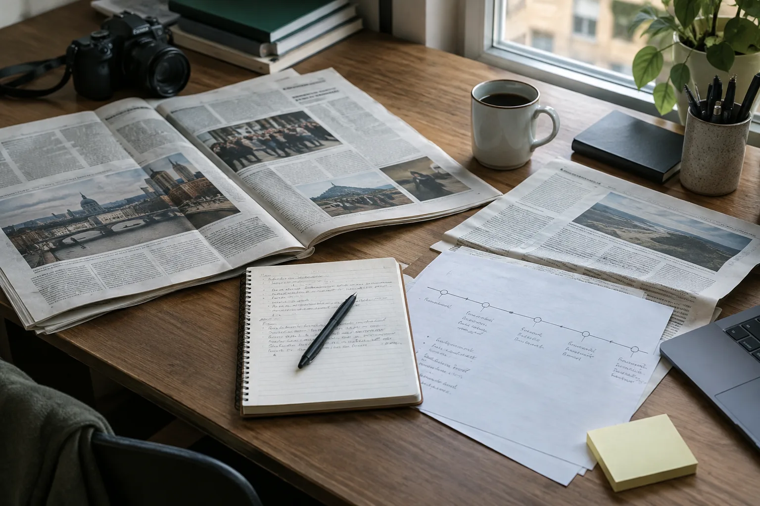 Journaux et notes de travail disposés sur un bureau pour préparer un article de contexte.