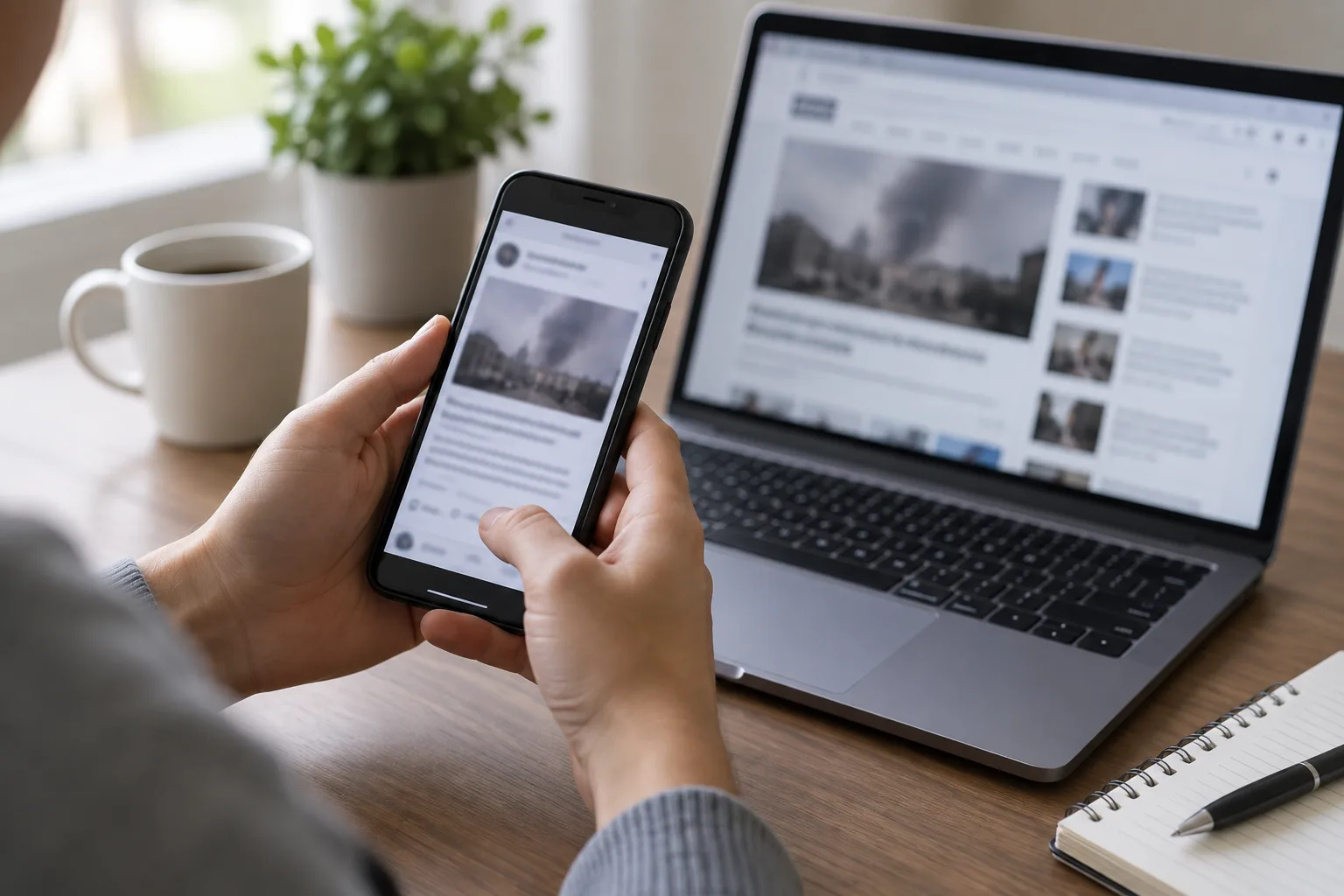 Un téléphone affichant une publication floue est consulté près d’un ordinateur.