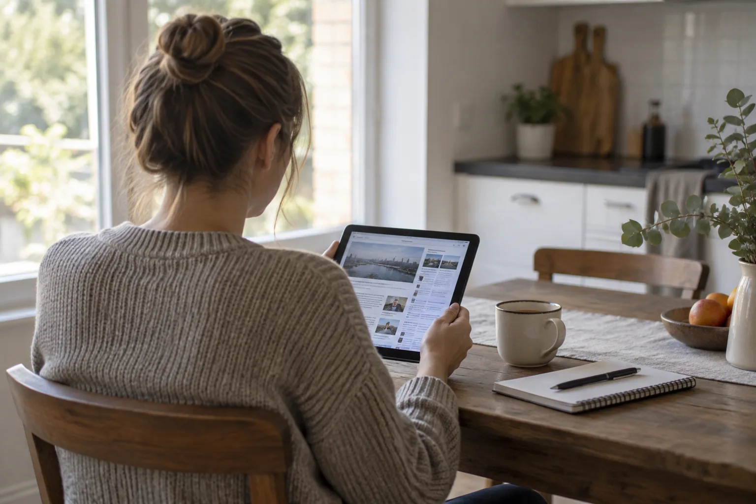 Une personne consulte les nouvelles sur une tablette posée près d’un carnet.