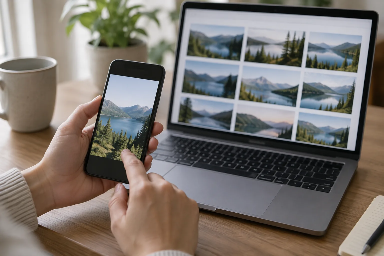 Des mains comparent une photographie sur un téléphone et des images similaires sur un ordinateur.