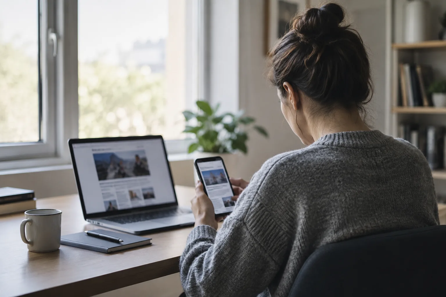 Une personne consulte un téléphone et un ordinateur pour examiner une information en ligne.