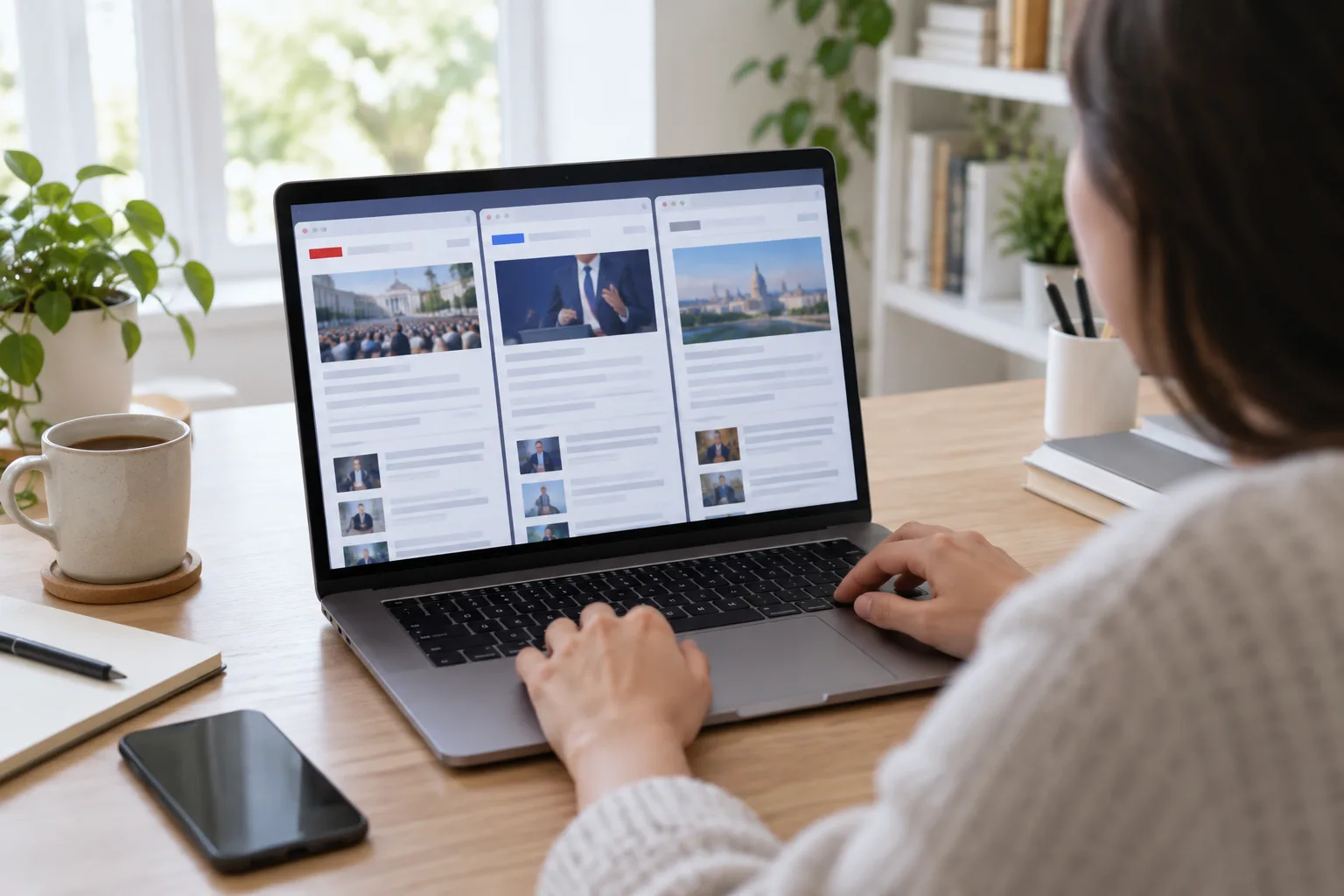 Une personne compare plusieurs sources d’information sur un ordinateur portable.