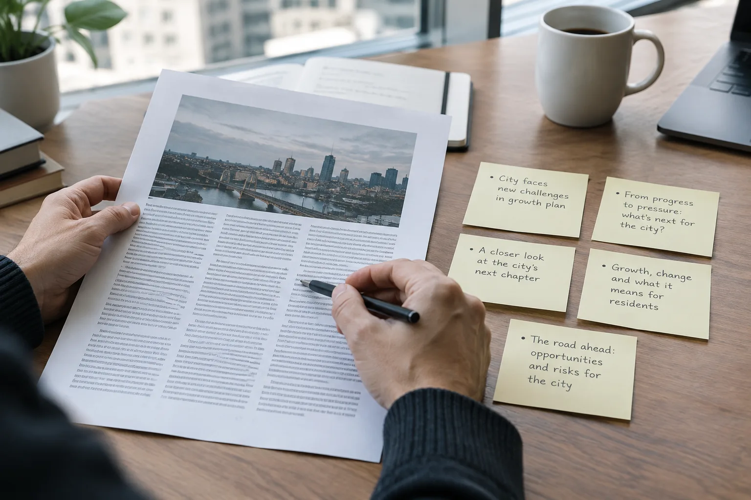 Des notes de rédaction posées près d’un article imprimé sur un bureau.