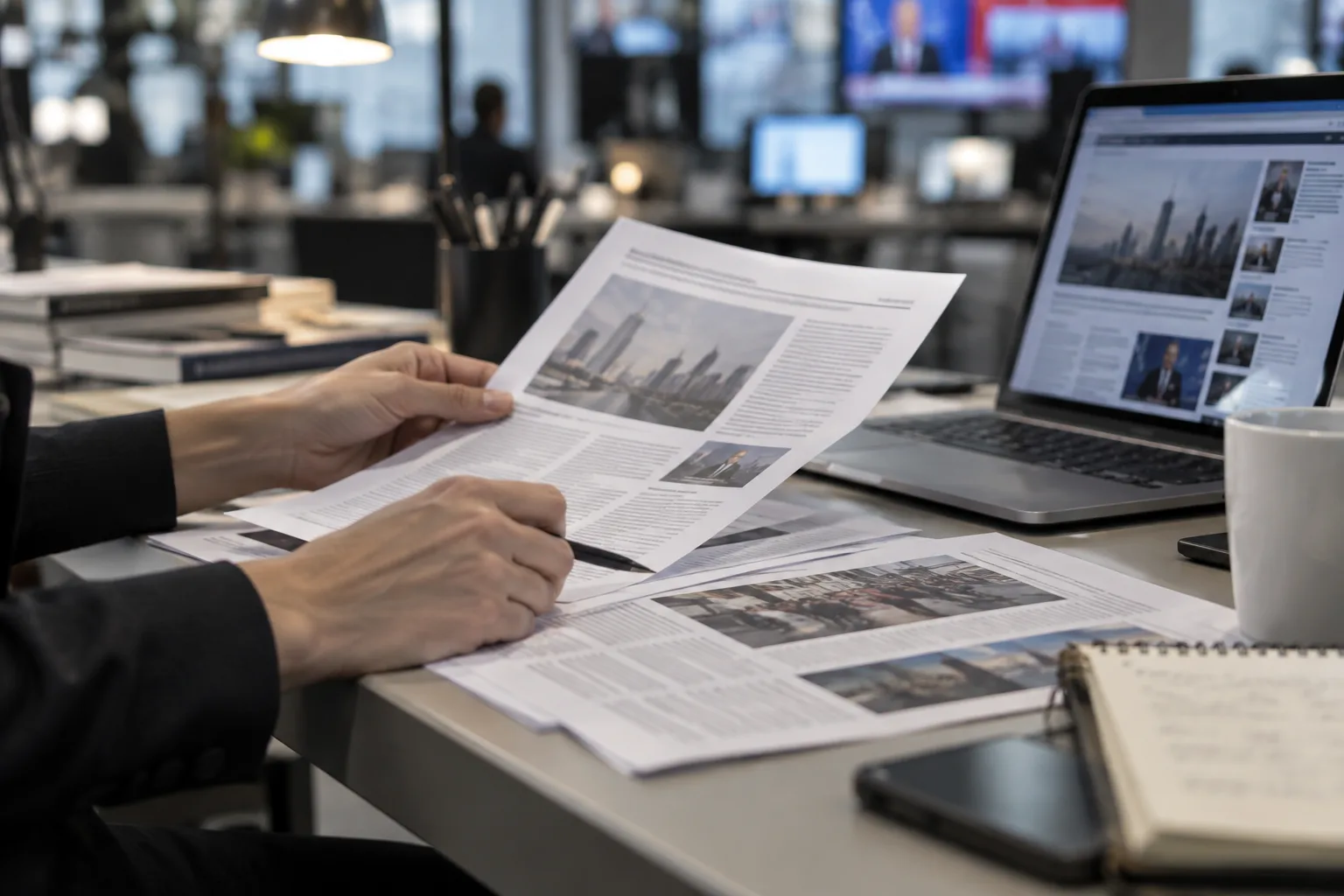 Des documents imprimés sont examinés à côté d’un ordinateur dans une salle de rédaction.
