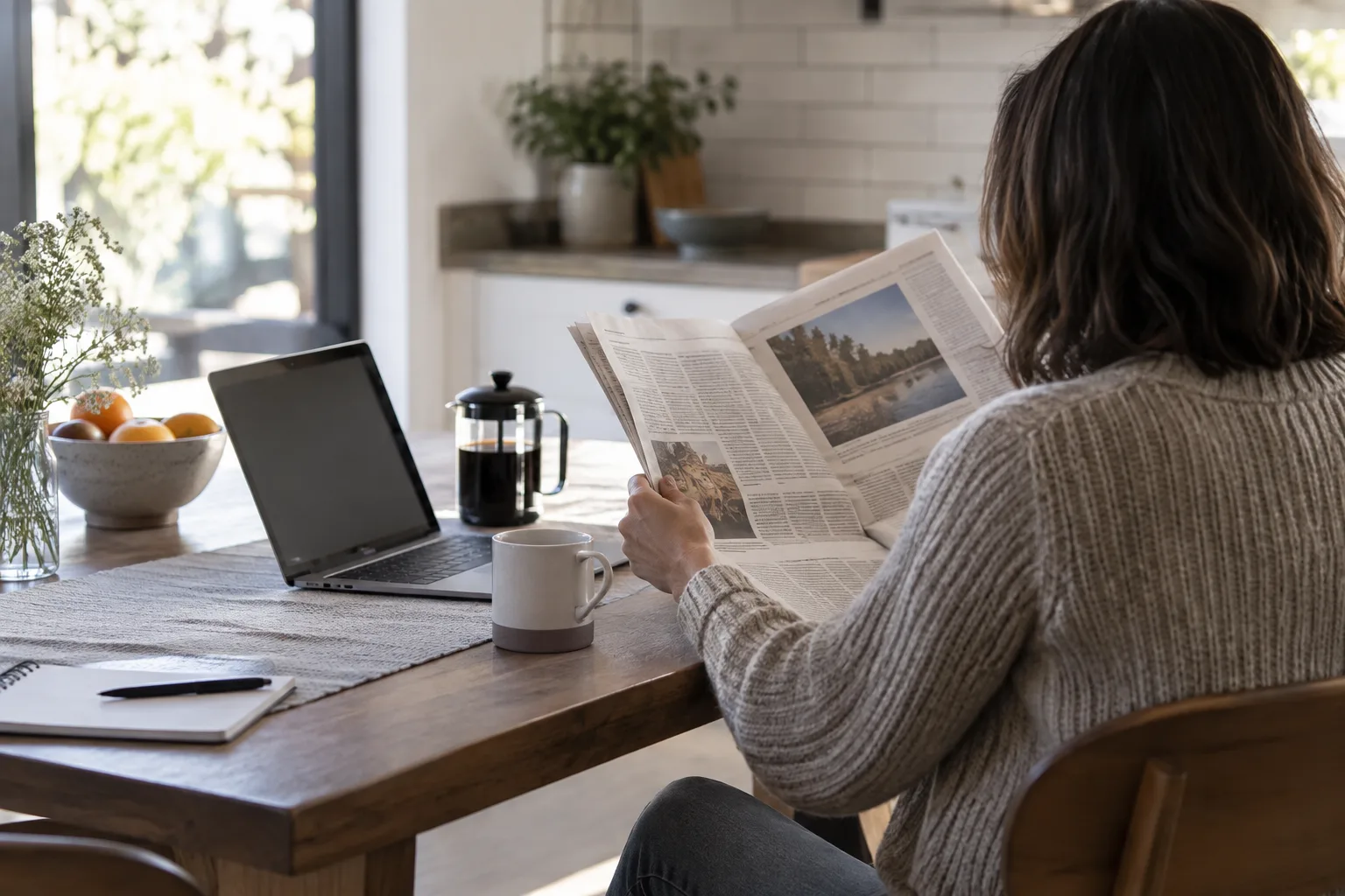 Une personne consulte un journal et un ordinateur sur une table.