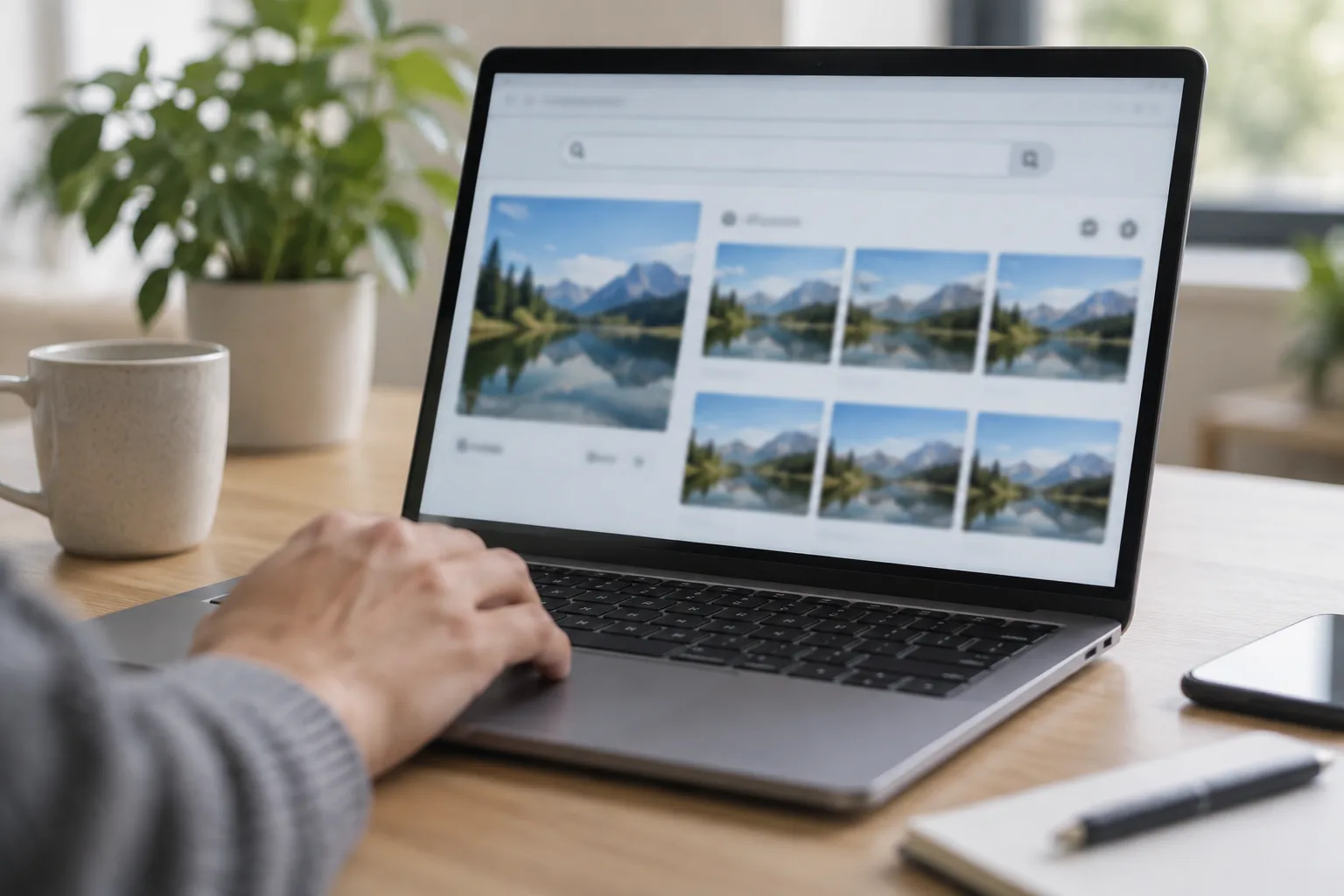 Une main compare des images similaires sur l’écran d’un ordinateur portable.