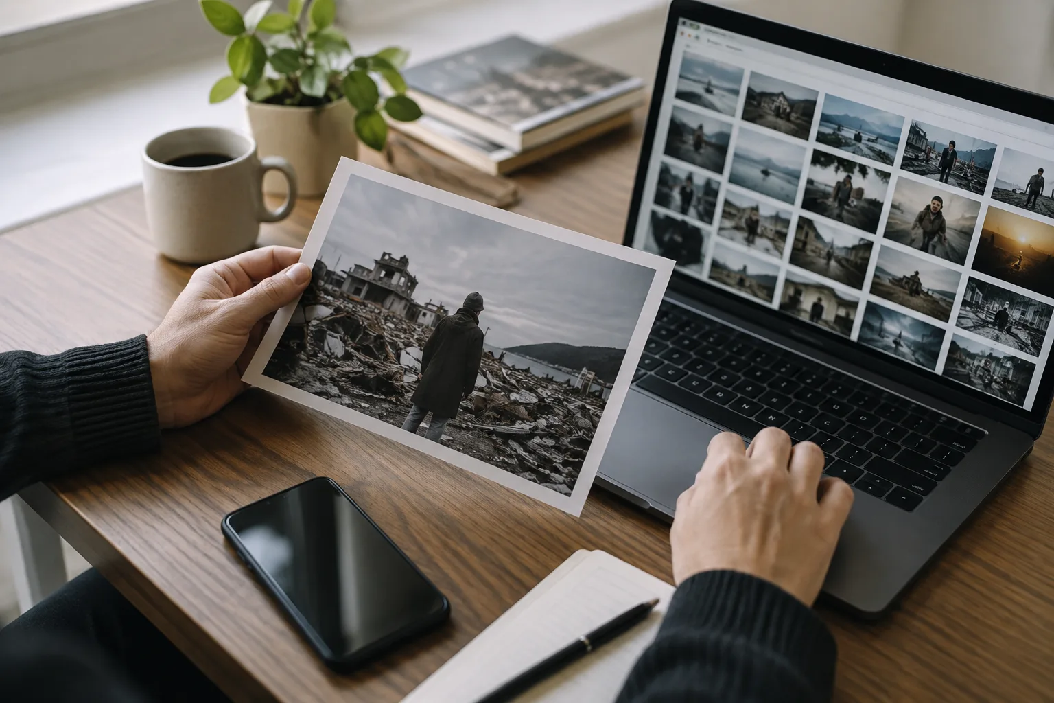 Une personne compare une photographie imprimée avec des images affichées sur un ordinateur.
