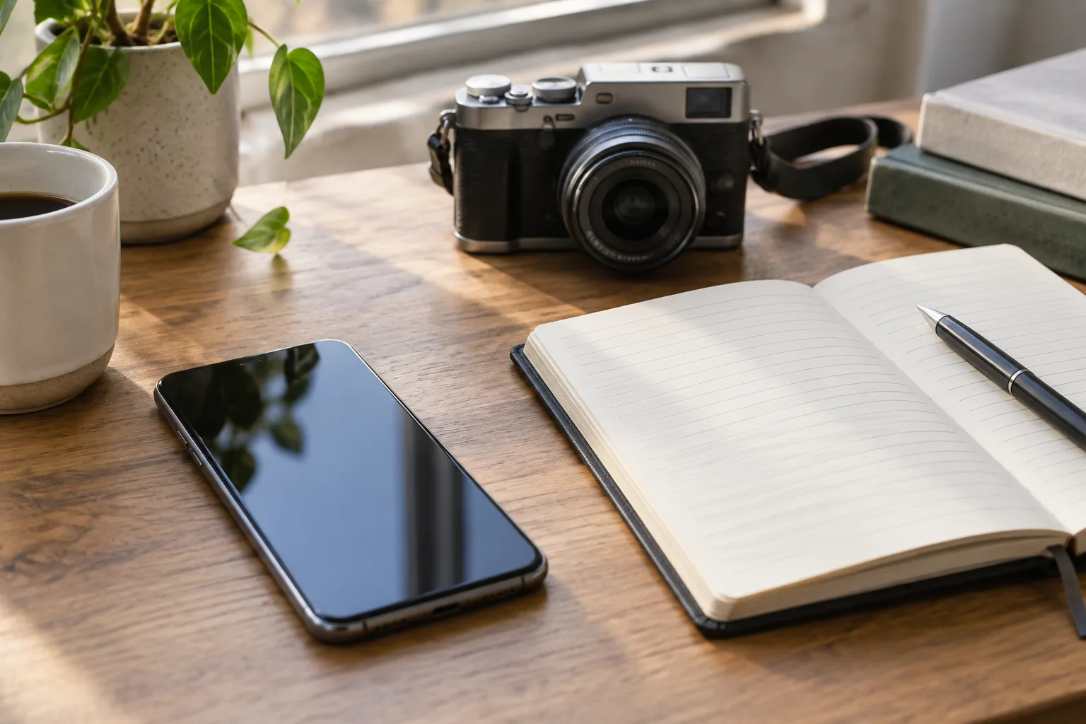 Un smartphone, un carnet et un appareil photo posés sur un bureau.