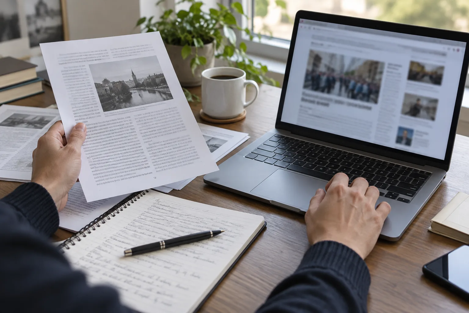 Un ordinateur et des documents consultés côte à côte pour comparer des sources.