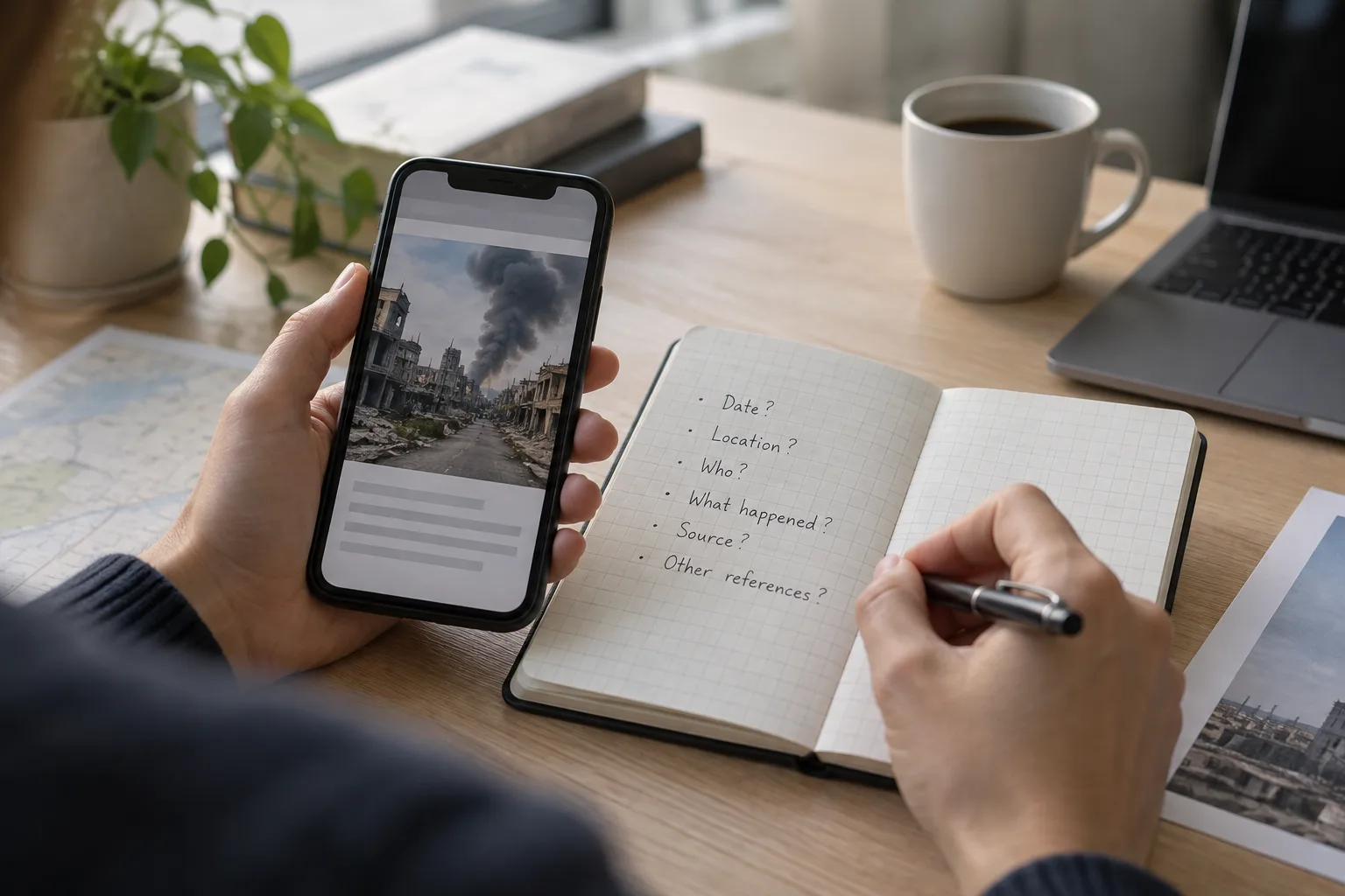 Des mains comparent une image sur un téléphone avec des notes dans un carnet.