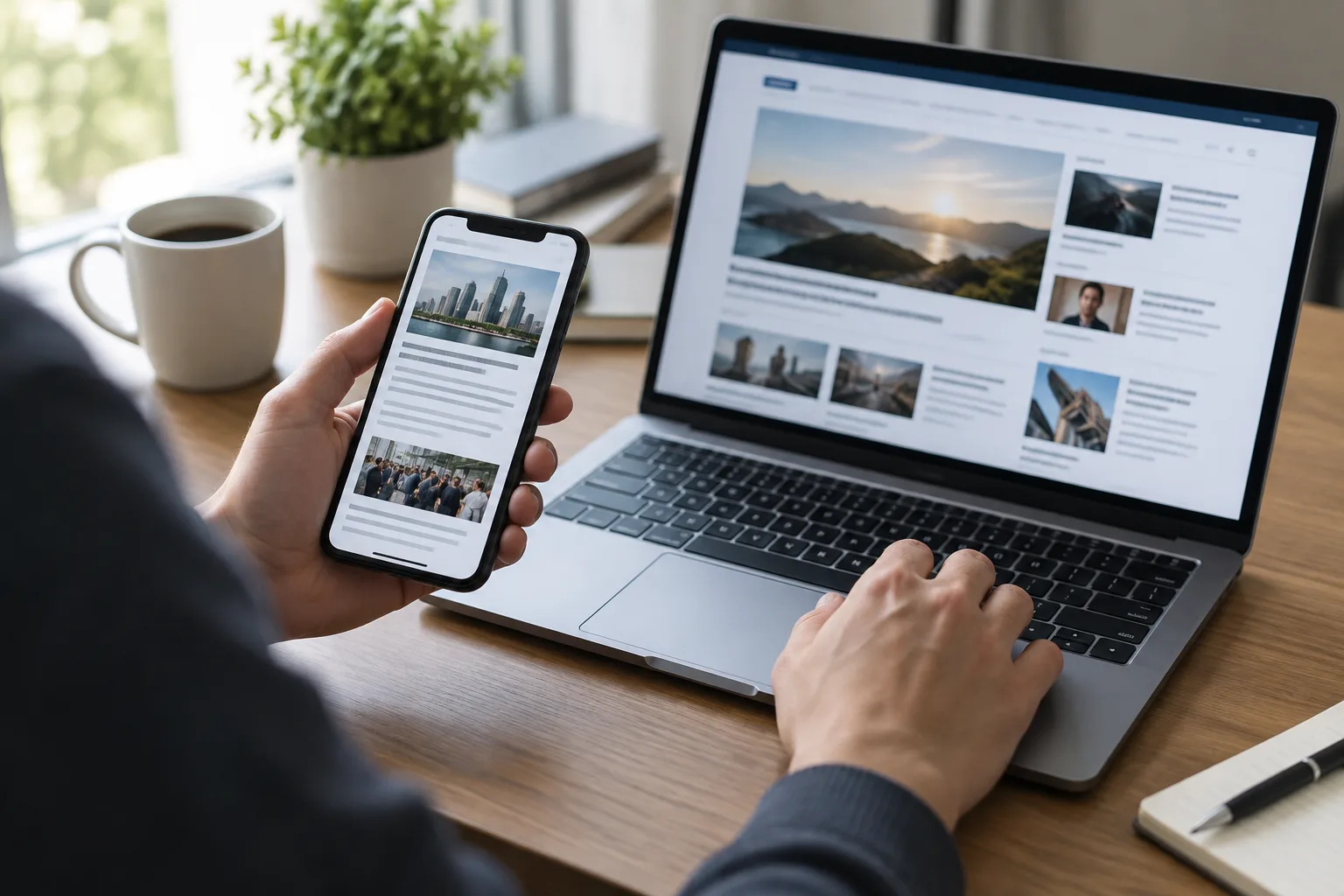 Des mains comparent une actualité sur un téléphone et un site de média sur un ordinateur.