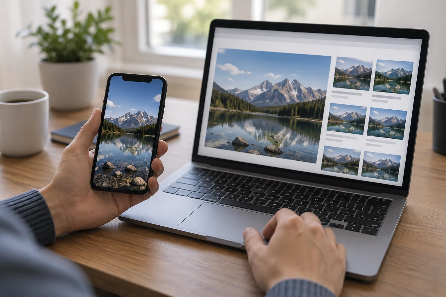 Des mains comparent une photographie affichée sur un téléphone et un ordinateur.