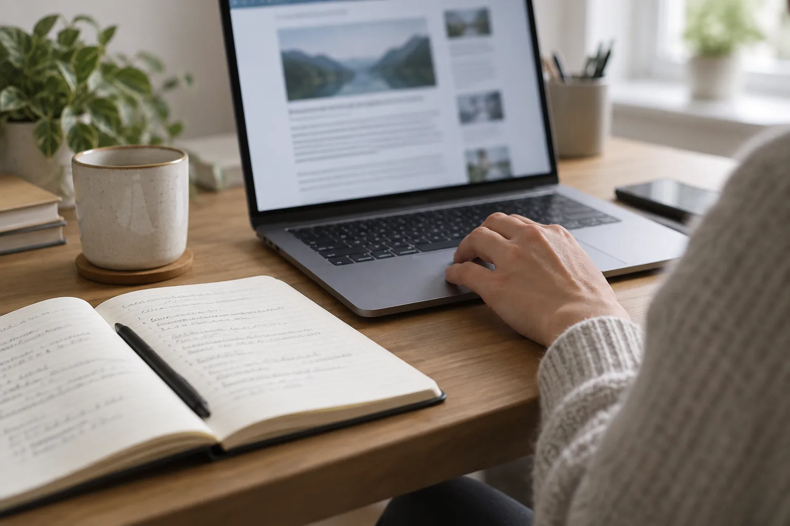 Une personne compare un article consulté sur un ordinateur avec des notes prises dans un carnet.