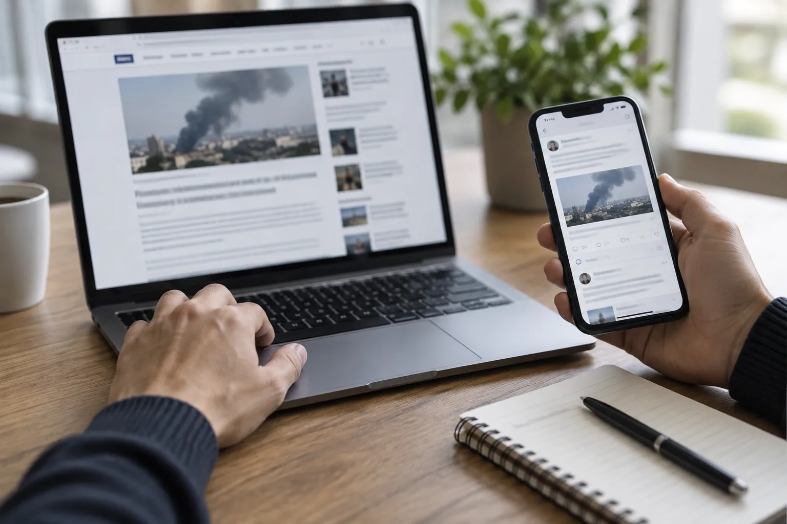 Des mains comparent une page d’information et une publication sur un téléphone.