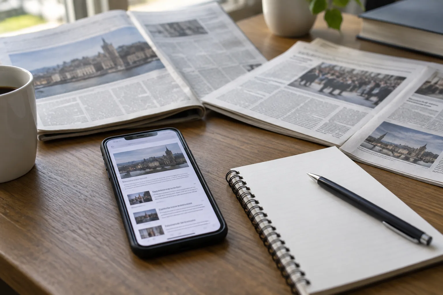 Un téléphone et des journaux ouverts disposés sur un bureau pour comparer des sources.