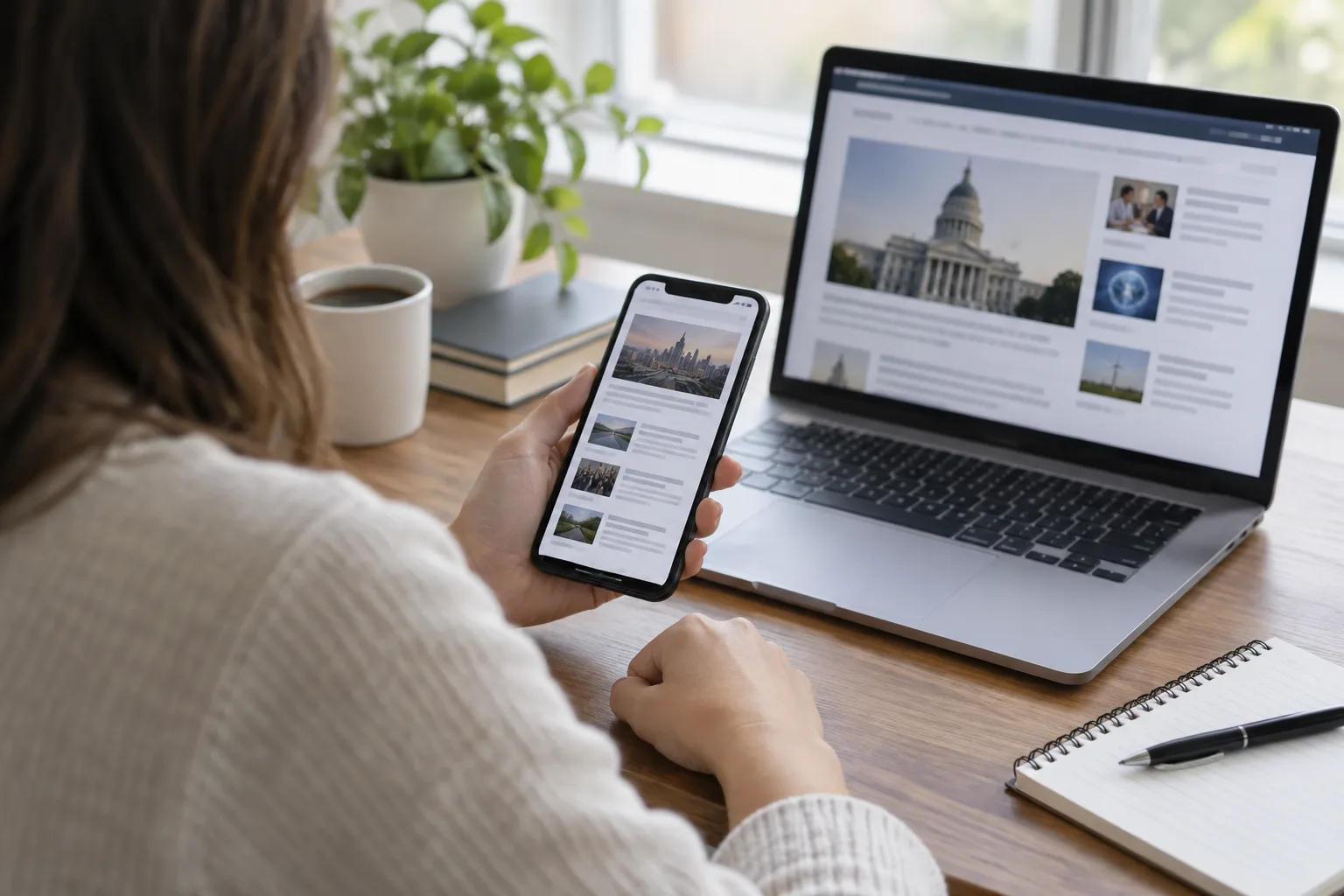 Un téléphone et un ordinateur posés sur un bureau pendant la consultation d’informations en ligne.