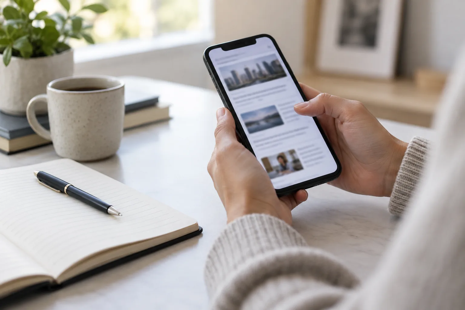 Un smartphone posé près d’un carnet ouvert pendant la consultation d’informations en ligne.