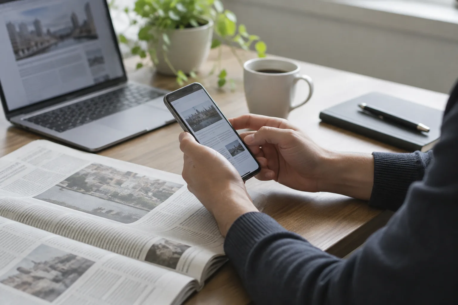 Un téléphone, un ordinateur et un journal réunis sur un bureau pour consulter l’actualité.
