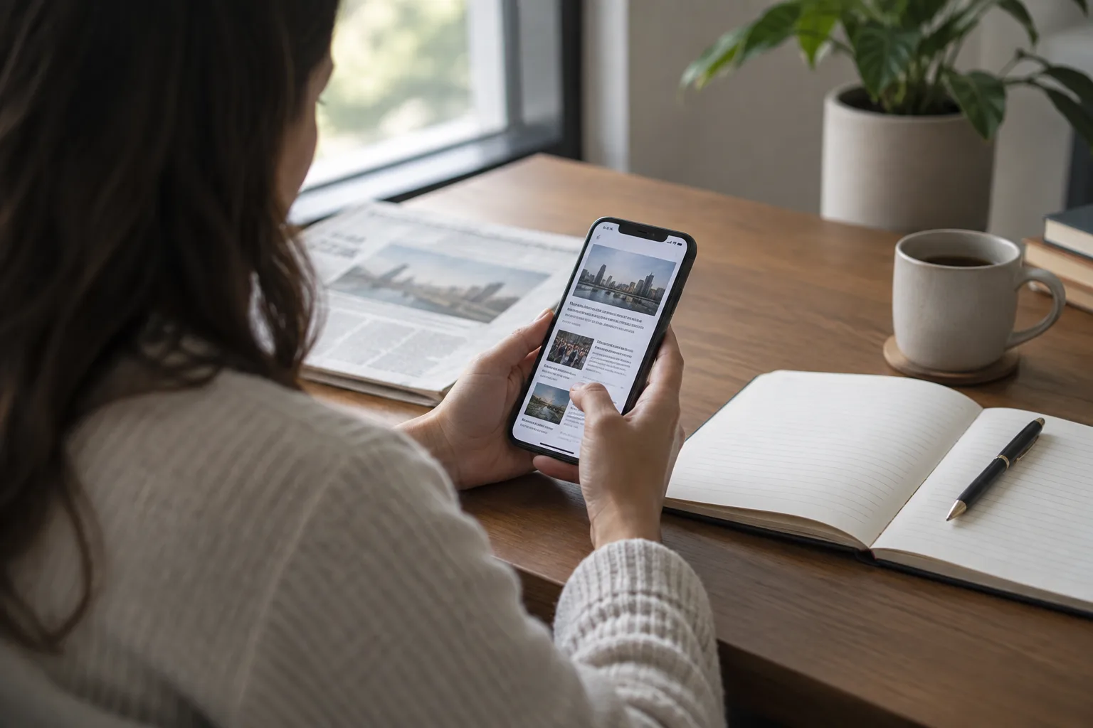 Une personne consulte des informations sur son téléphone, près d’un carnet et d’un journal.
