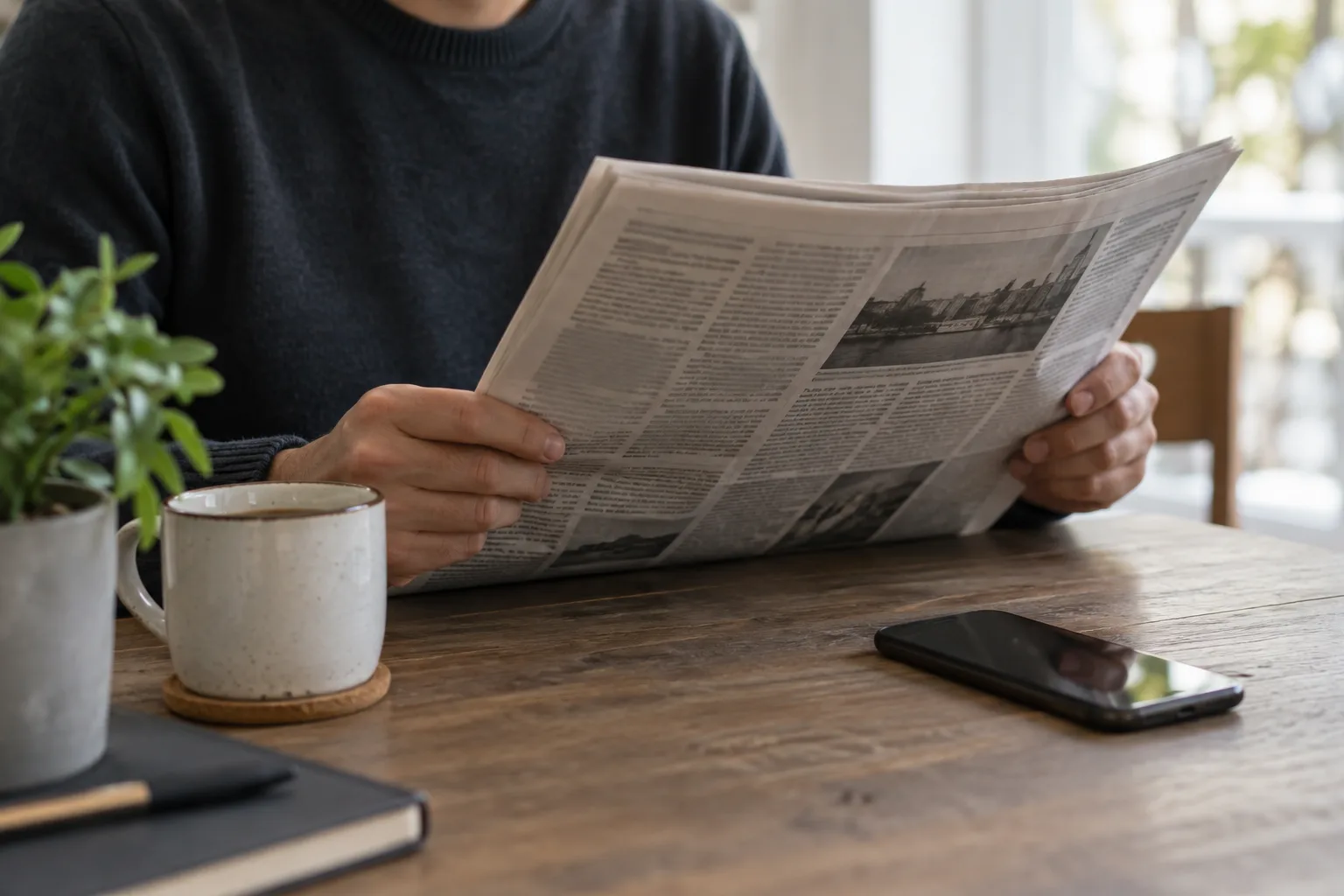 Un journal plié et un téléphone posés sur une table près d’une fenêtre.
