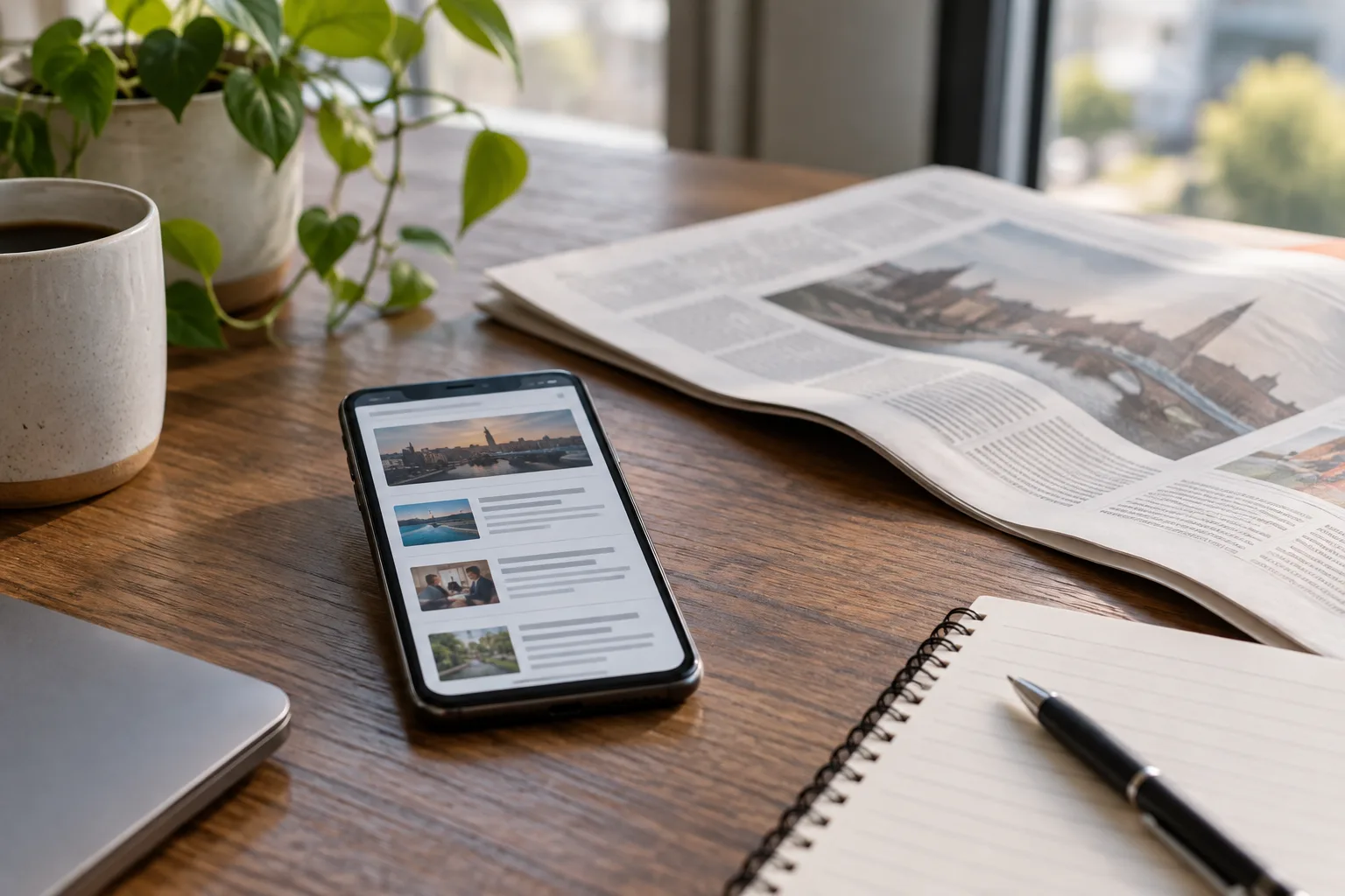 Un téléphone affichant un fil d’actualité abstrait posé près d’un journal et d’un carnet.