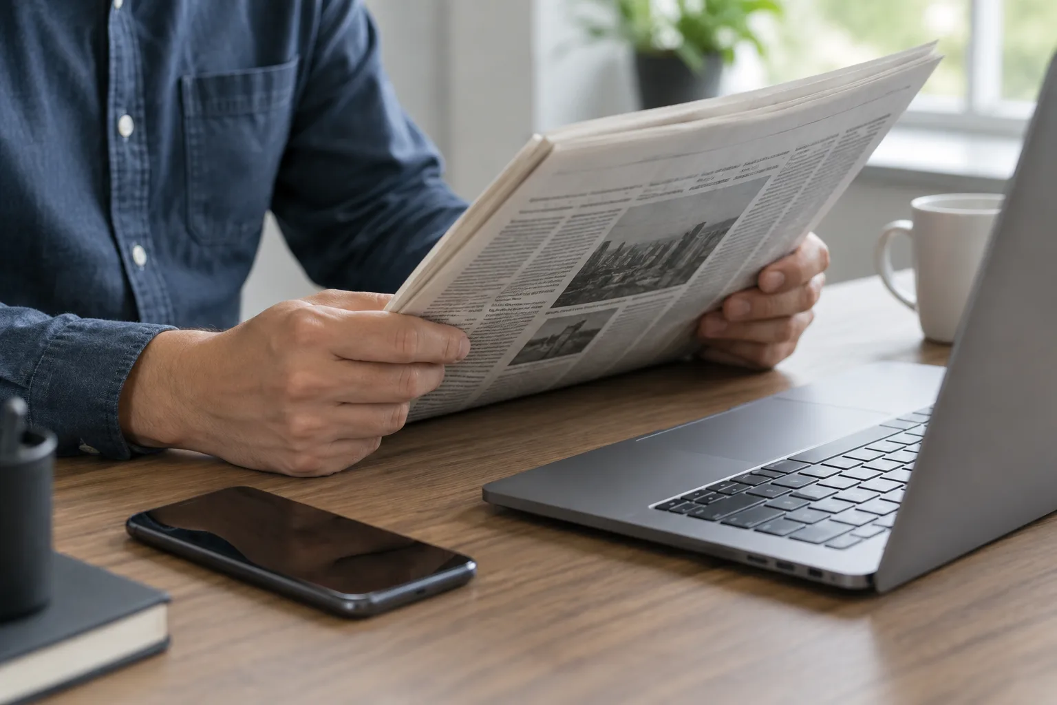 Des journaux et des appareils numériques posés sur un bureau pendant la vérification d’une information.
