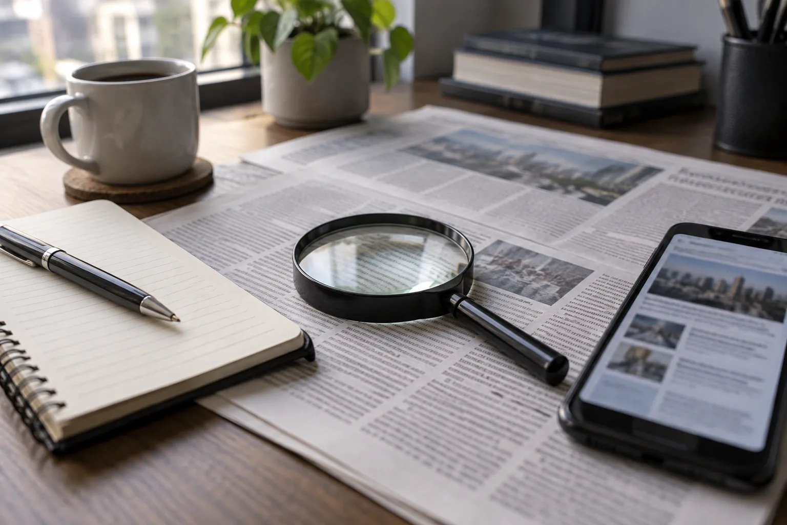 Un téléphone et des documents de presse posés sur un bureau de travail.