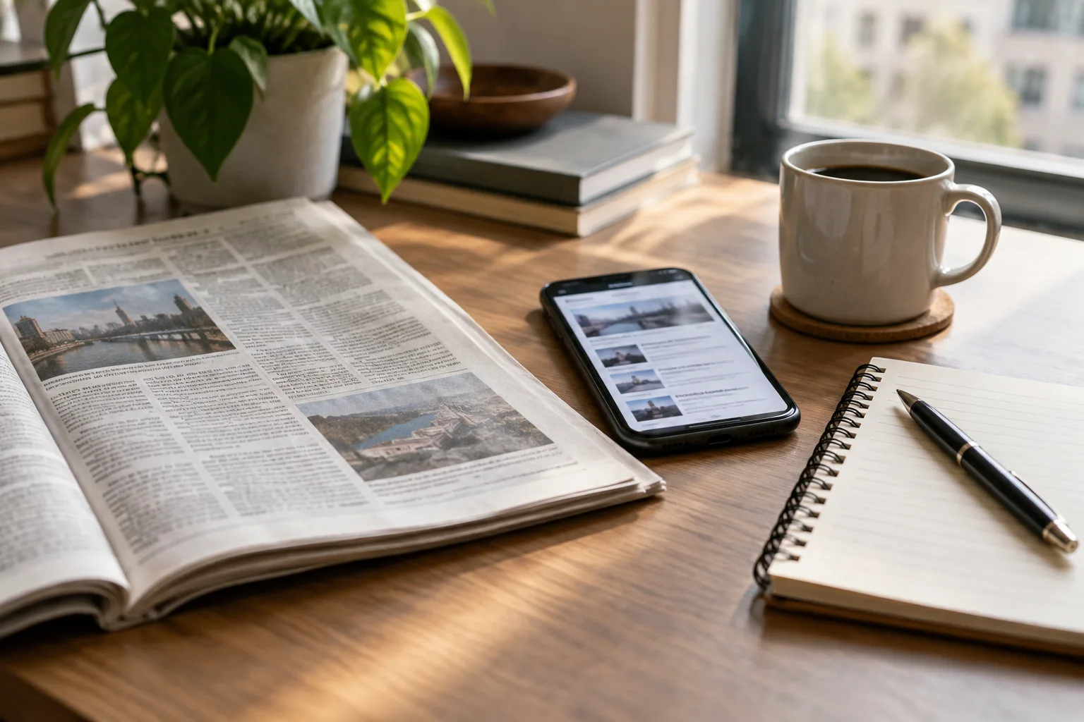 Un journal, un téléphone et un carnet réunis sur un bureau.