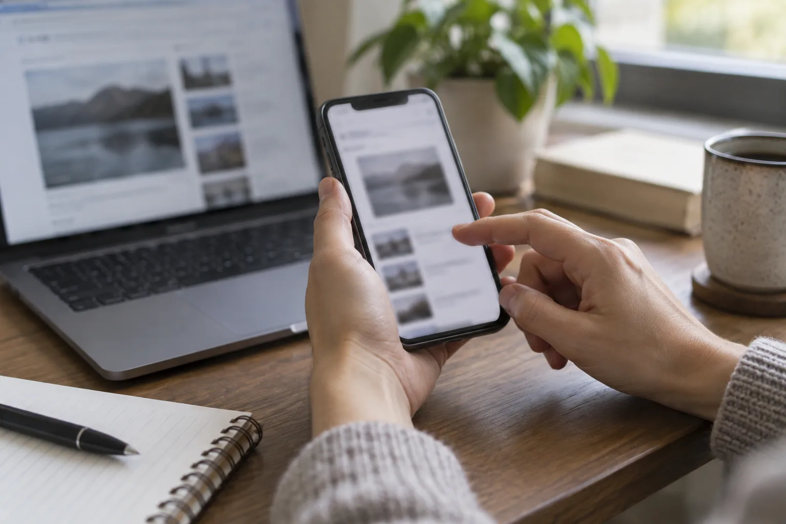 Des mains consultent un smartphone à côté d’un ordinateur et d’un carnet.