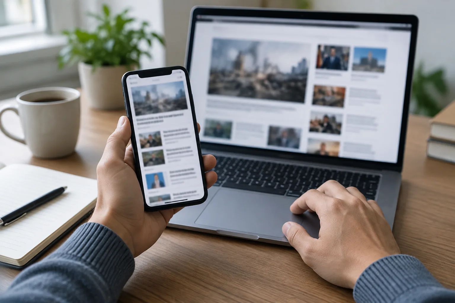 Des mains comparent des pages d’information sur un téléphone et un ordinateur.