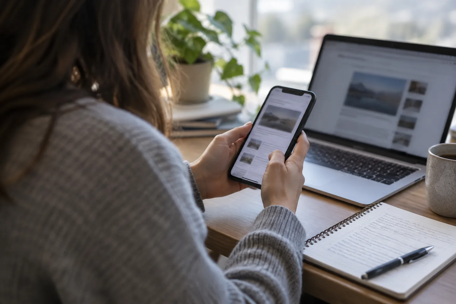Une personne consulte son téléphone et un ordinateur pour vérifier une information.