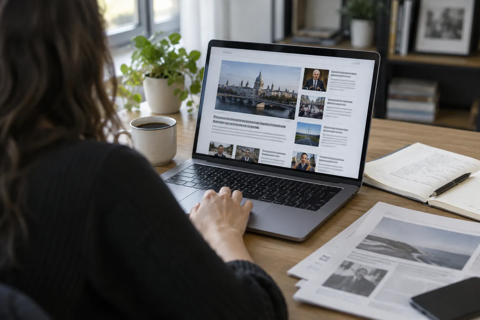 Une personne compare des informations sur un ordinateur et des documents posés sur une table.