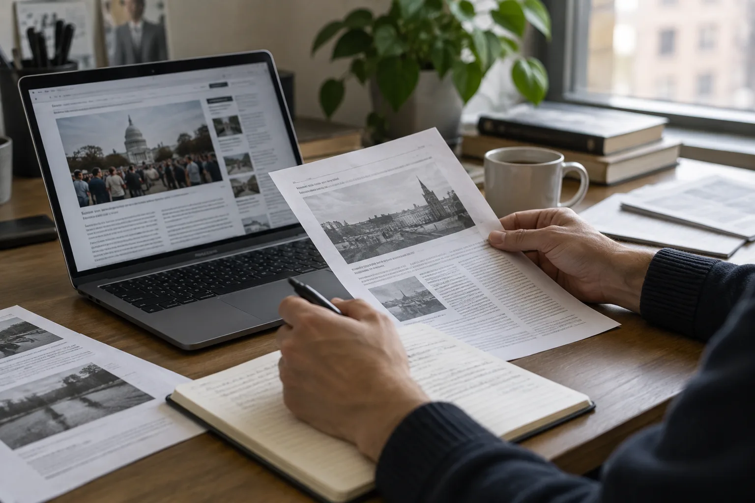 Une personne compare des informations sur un ordinateur avec des documents imprimés.