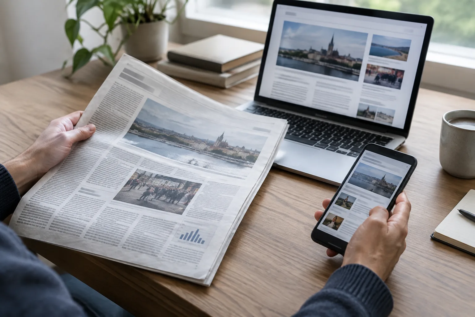 Des mains comparent un journal et des informations affichées sur un ordinateur et un téléphone.