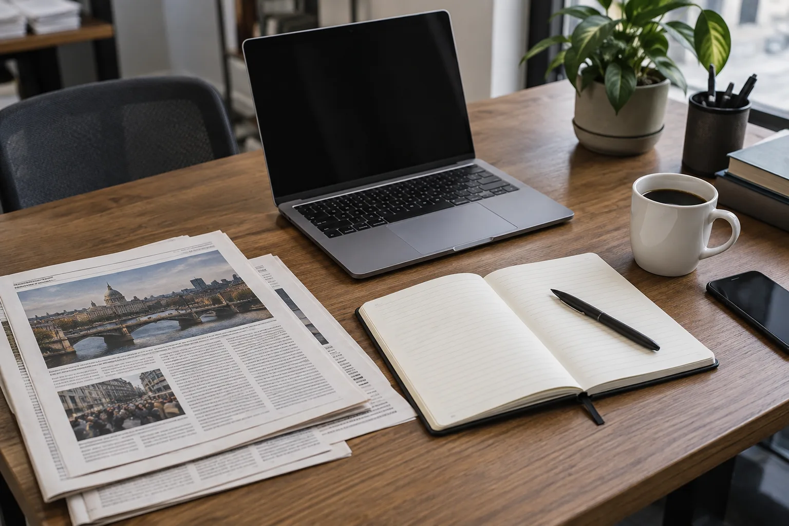 Un bureau de rédaction avec un ordinateur, un carnet et des feuilles imprimées.