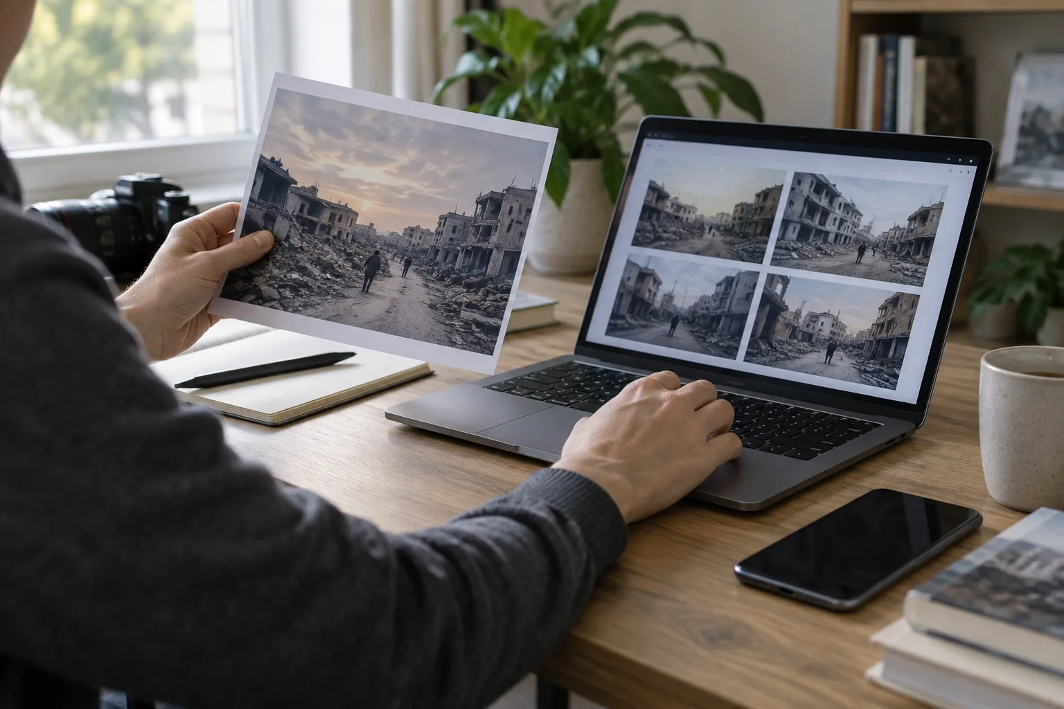Une personne compare une photographie imprimée avec des images affichées sur un ordinateur.