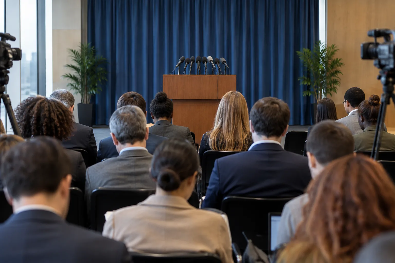 Une salle de conférence de presse avec des micros au premier plan et des journalistes assis face à l’estrade.