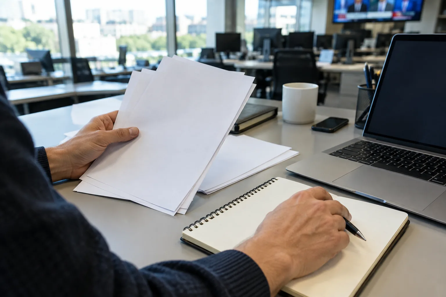 Des notes et un carnet sont disposés près d’un ordinateur dans un espace de rédaction.