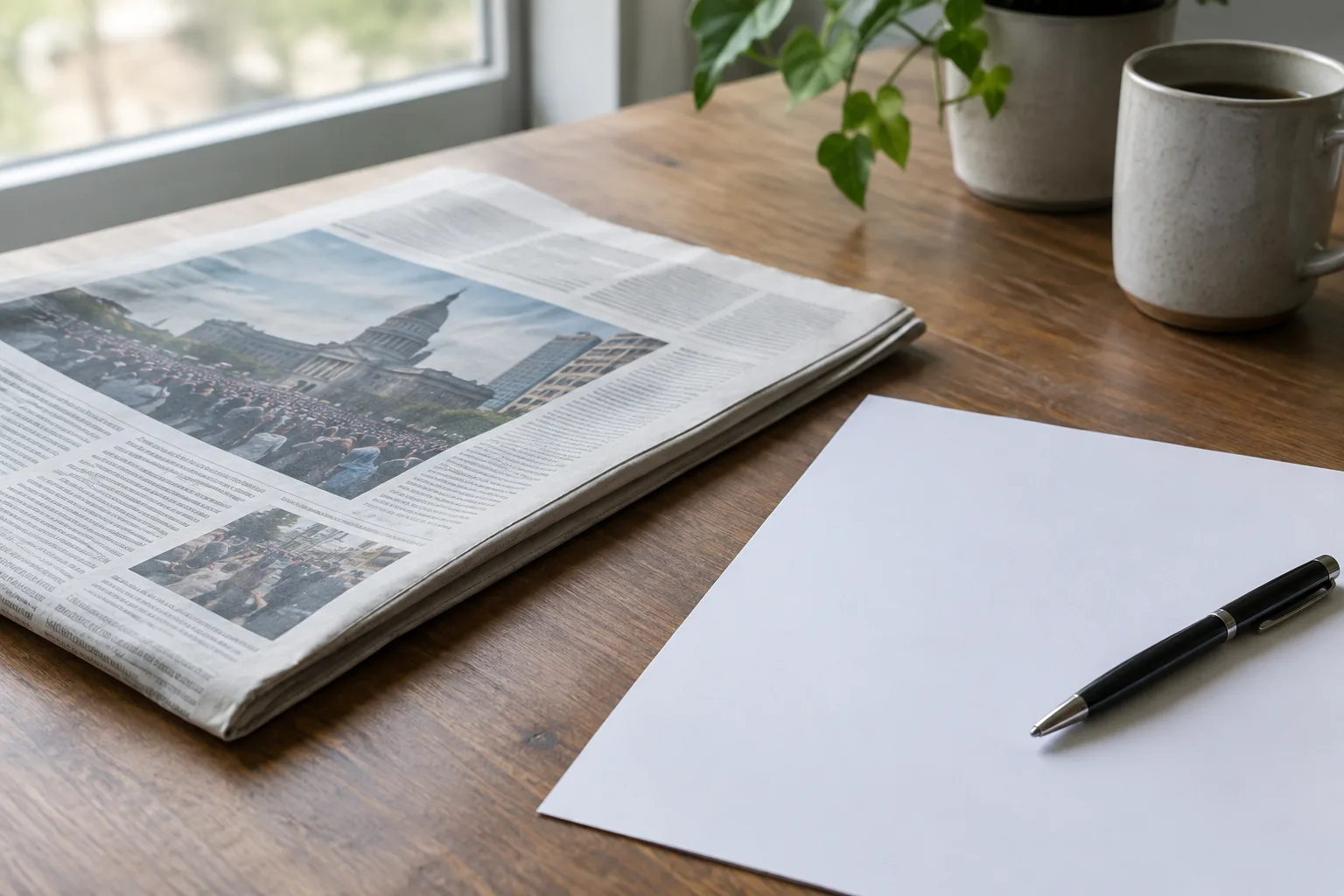 Un journal posé à côté d’une feuille vierge et d’un stylo.