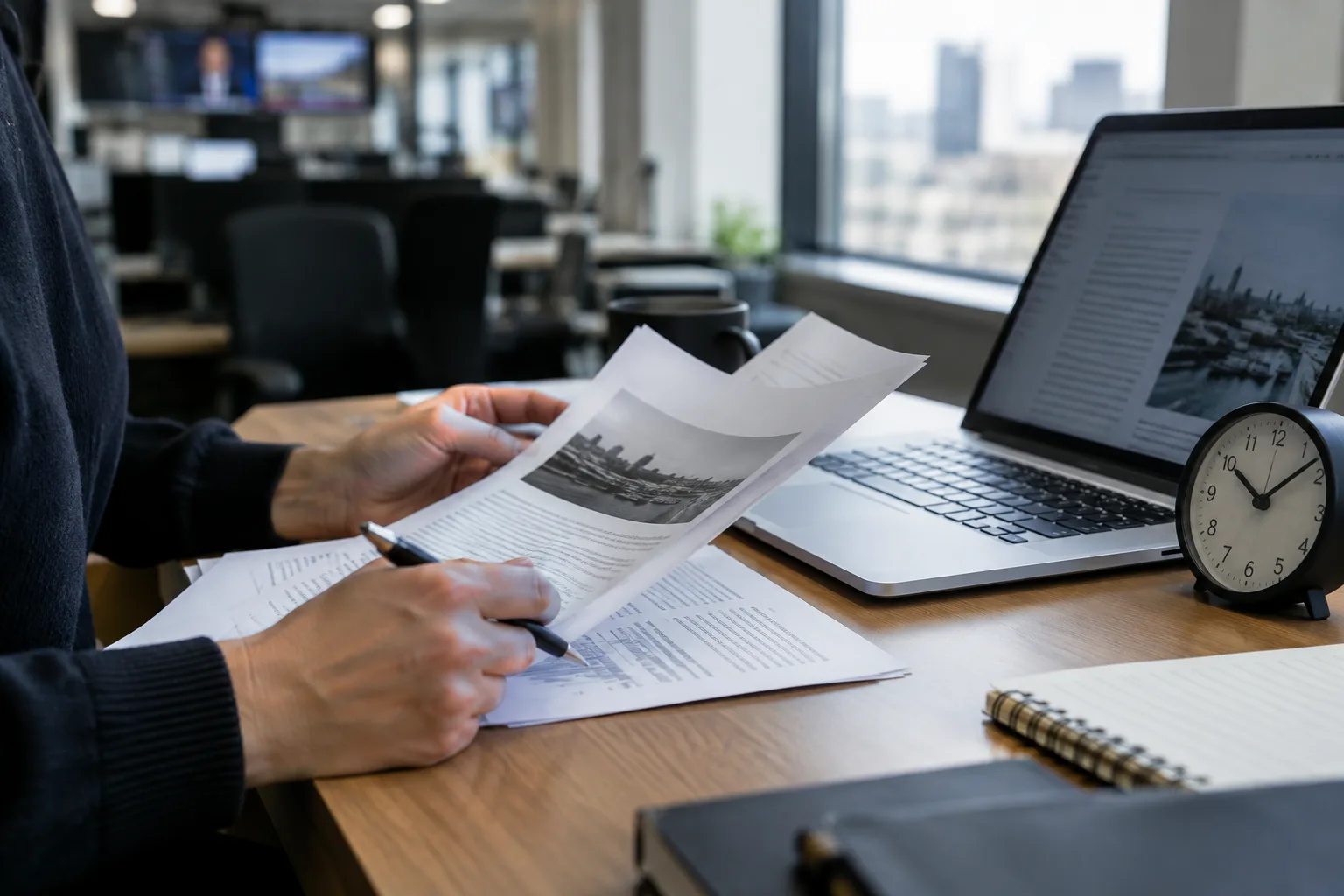 Des documents et un ordinateur sur un bureau de rédaction, avec une horloge en arrière-plan.