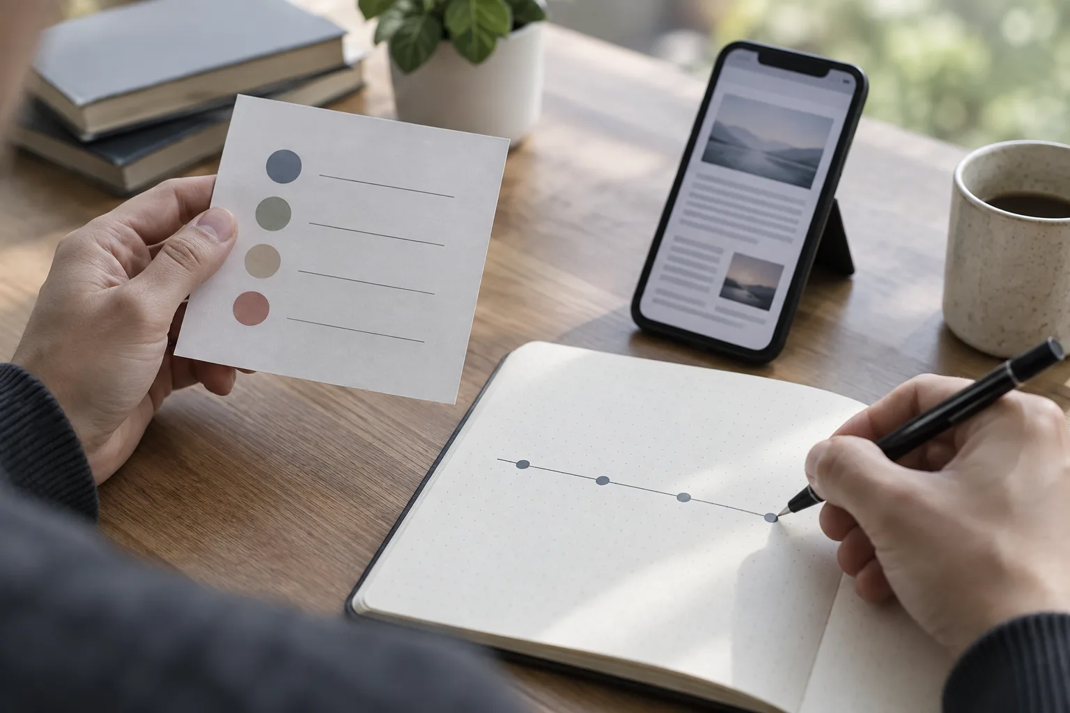 Des mains comparent un téléphone et un carnet où une chronologie est esquissée.