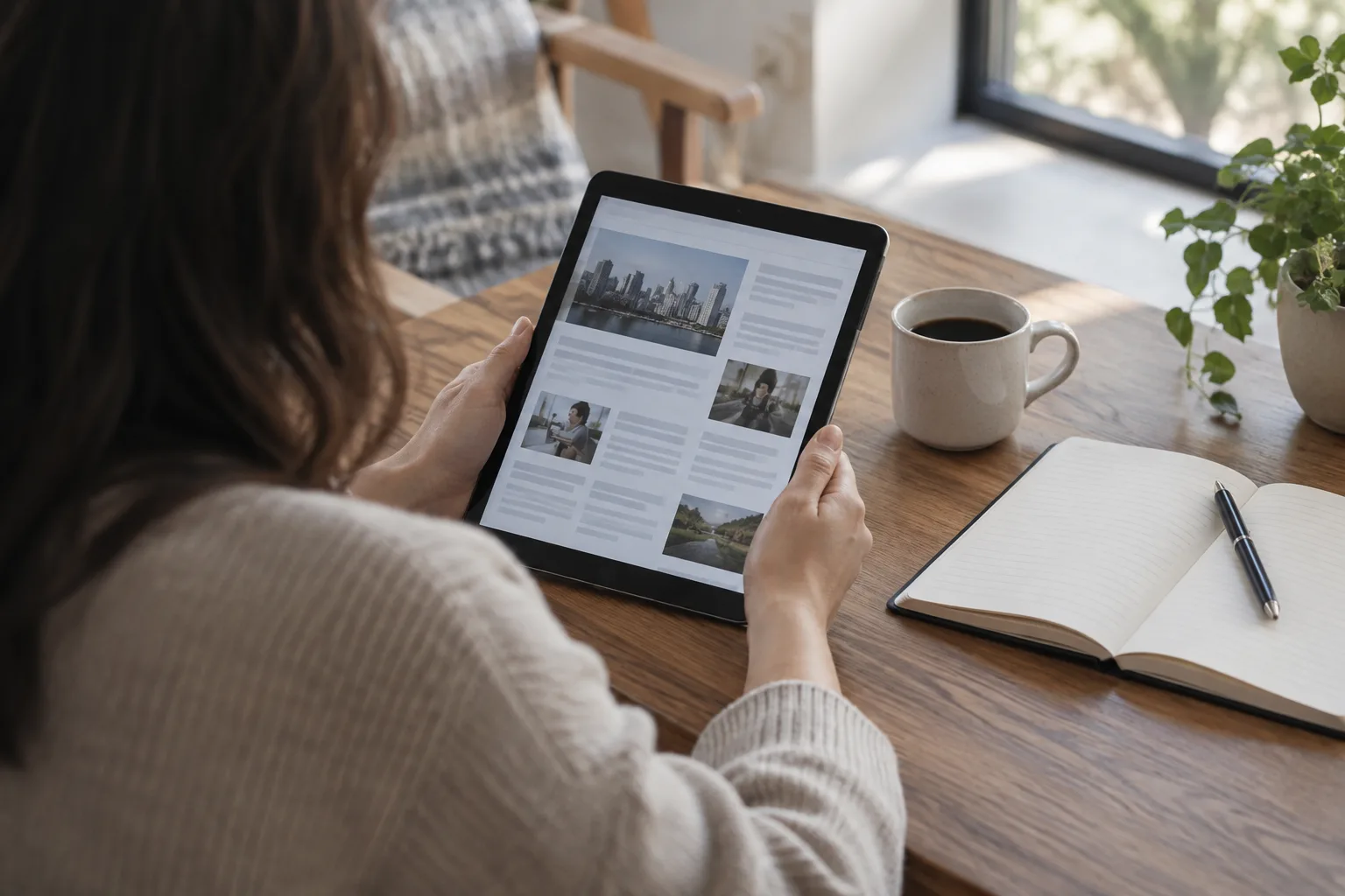 Une personne consulte l’actualité sur une tablette, un carnet ouvert à côté.